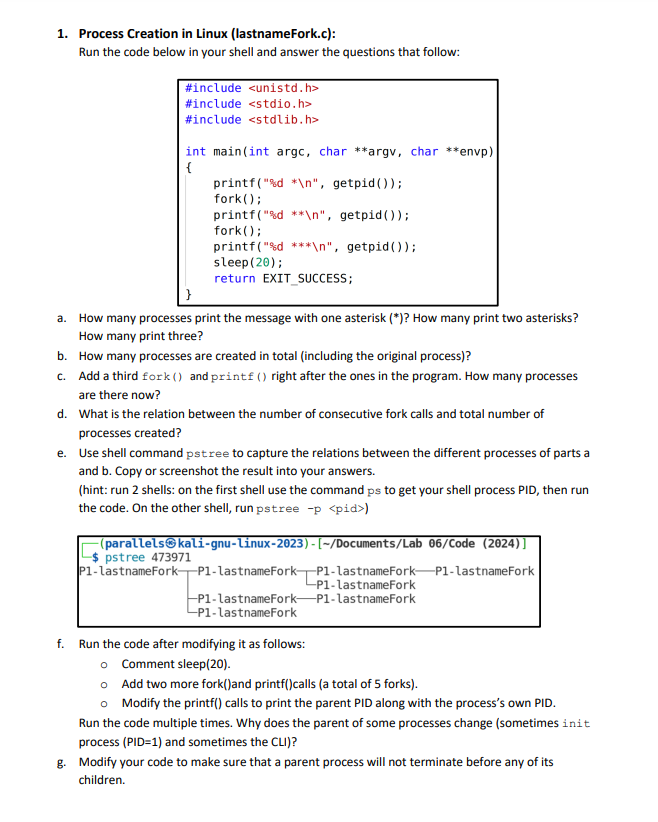  Process Creation in Linux (lastnameFork.c): Run the code below in your