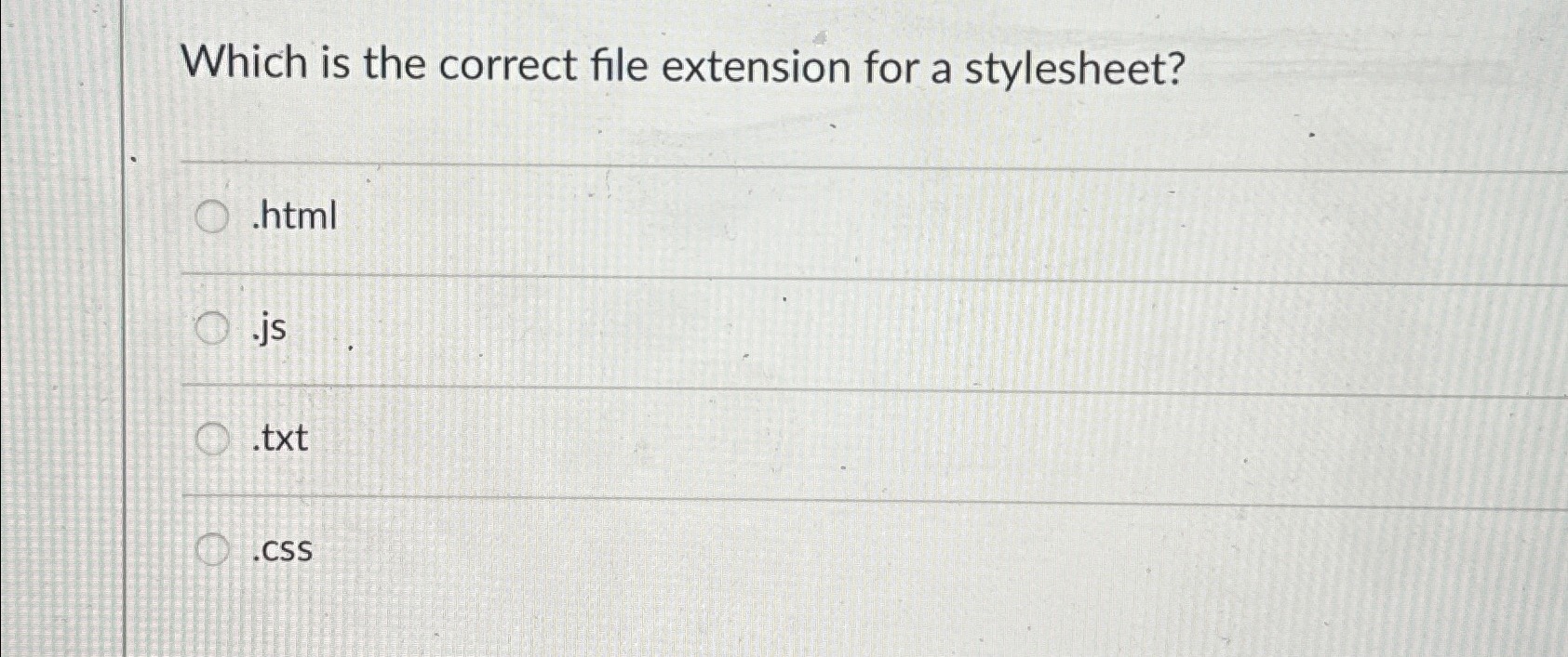  Which is the correct file extension for a stylesheet? .html .js