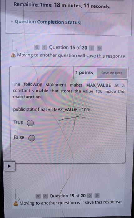  Remaining Time: 18 minutes, 11 seconds. * Question Completion Status: >>