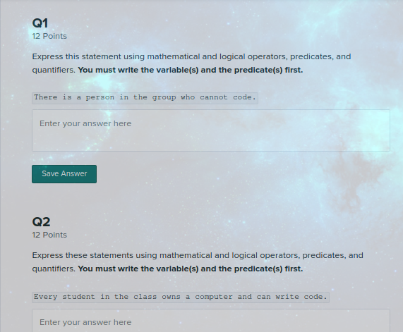  Q1 12 Points Express this statement using mathematical and logical operators,