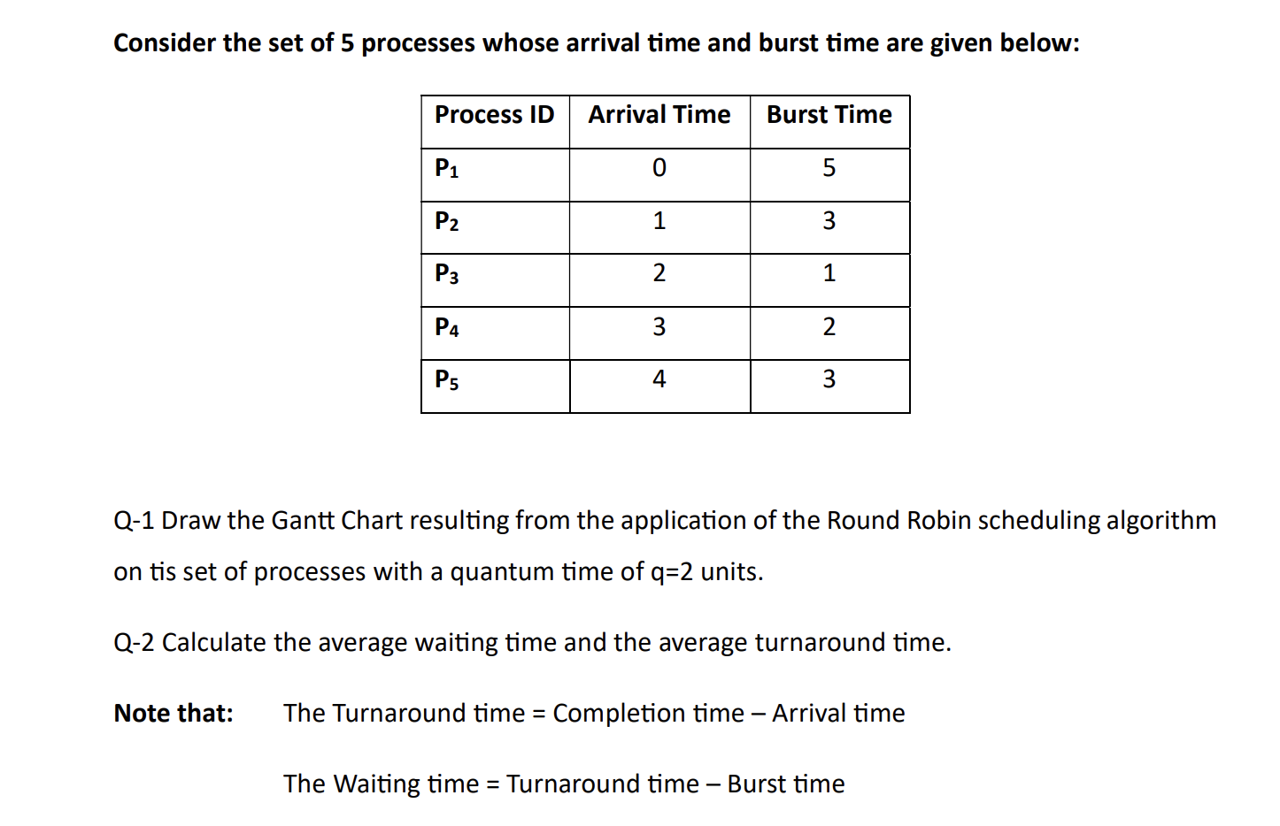  Consider the set of 5 processes whose arrival time and burst