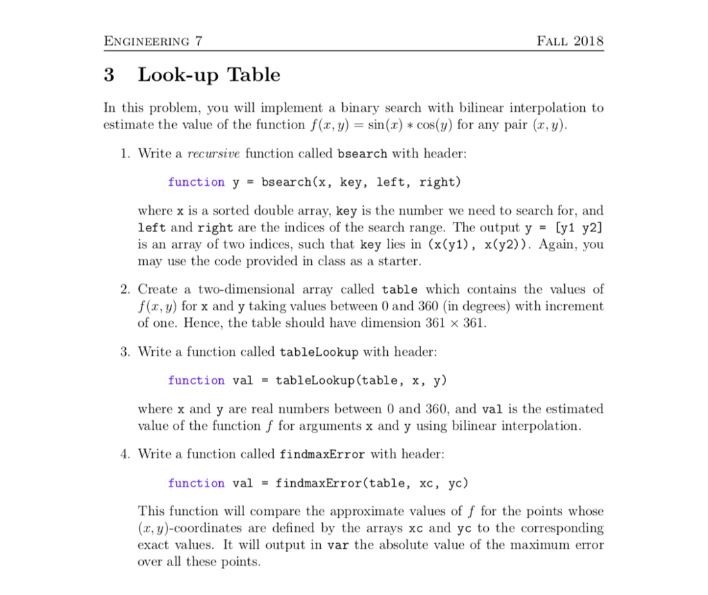 Matlab Coding 3 Look-up Table In this problem, you will implement a