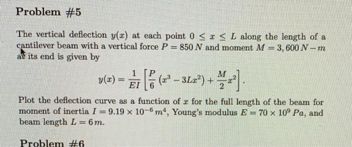  on matlab or python Problem #5 The vertical deflection y(x) at