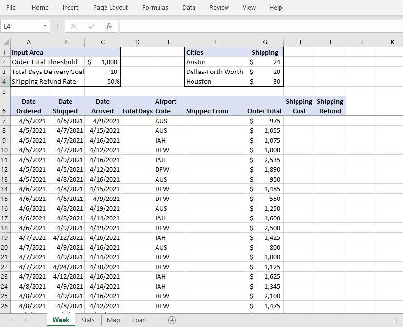 2 5 3 5 4 5 The Week worksheet contains data for