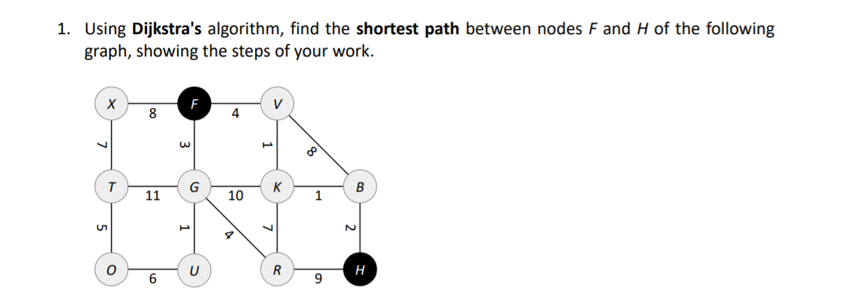  1. Using Dijkstra's algorithm, find the shortest path between nodes F