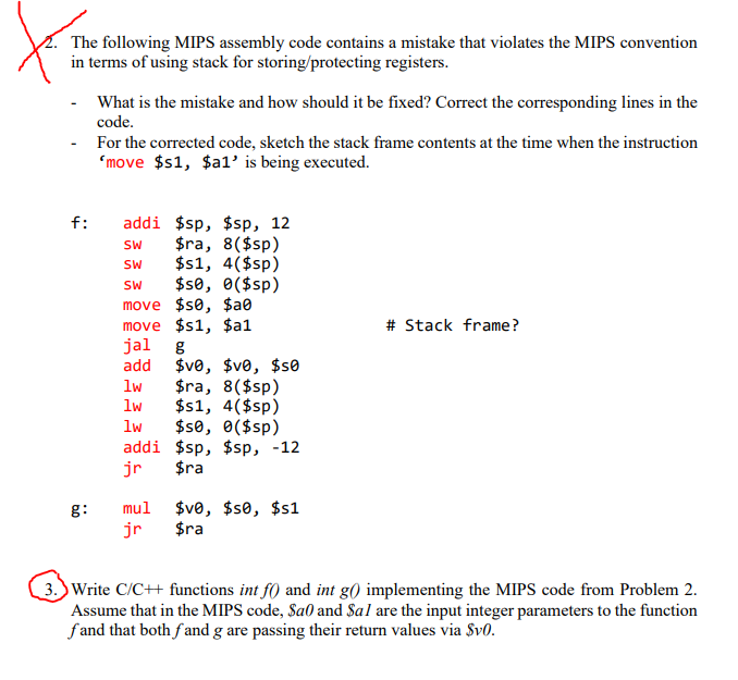 please explain part 3 The following MIPS assembly code contains a mistake