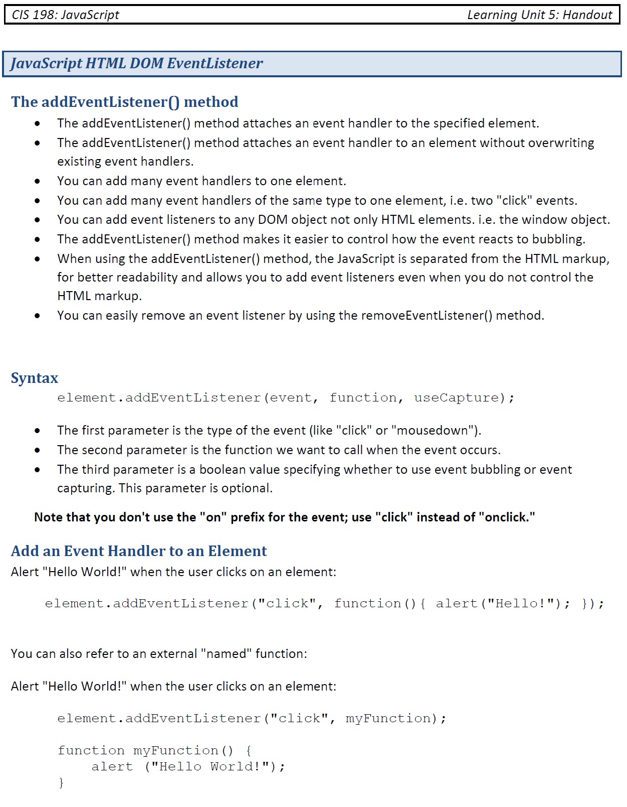 CIS 198: JavaScript Learning Unit 5: Activity Lab Activity 1. Create a