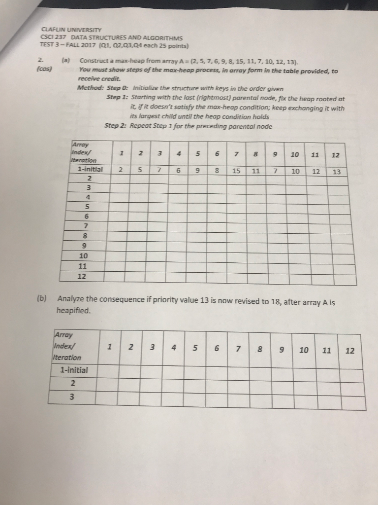  CLAFUIN UNIVERSITY CSCI 237 DATA STRUCTURES AND ALGORITHMS TEST 3-FALL 2017