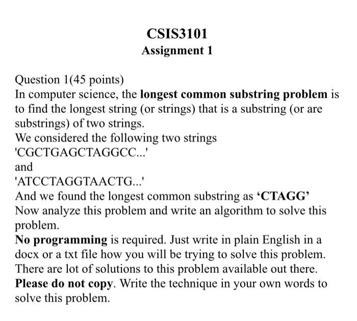 java programming class CSIS3101 Assignment 1 Question 1(45 points) In computer science,