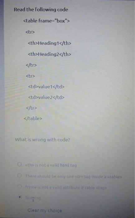  Read the following code Heading1 Heading2 value 1 value2 What is