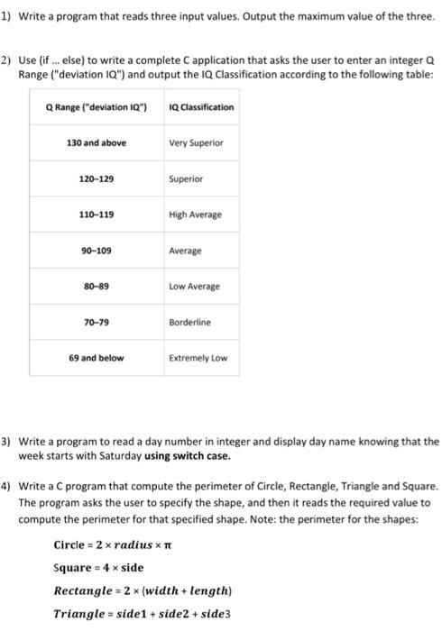 c languege task 1) Write a program that reads three input values.