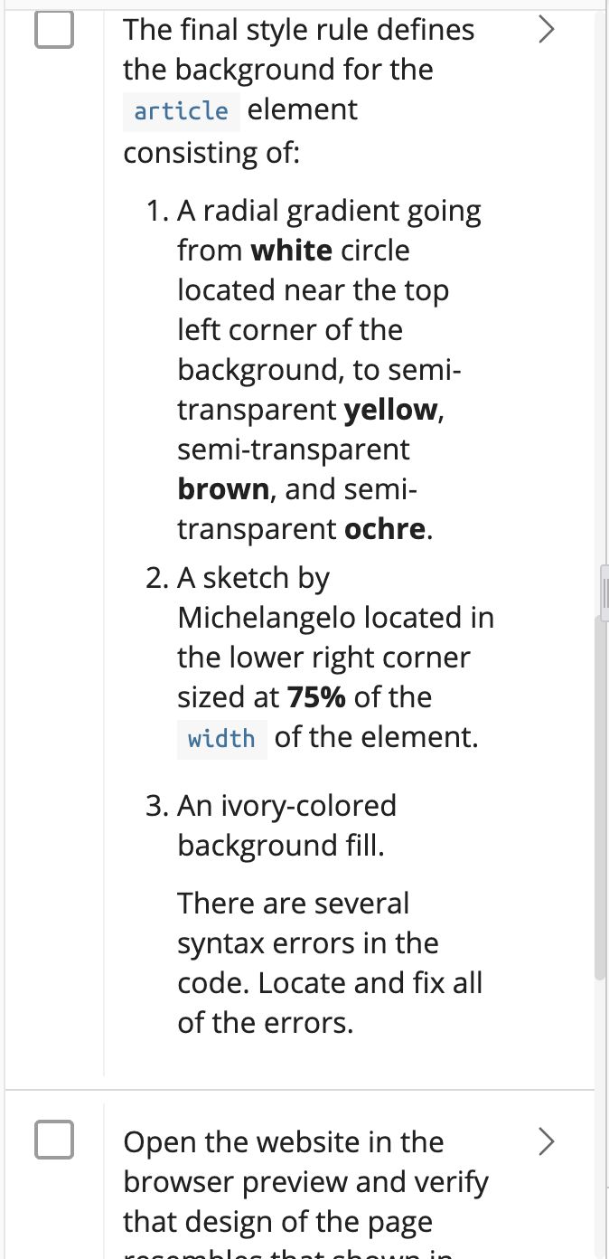 Tutorial 4 Coding Challenge 4 Author: Date: Filename: debug4-4.css */ h1 {