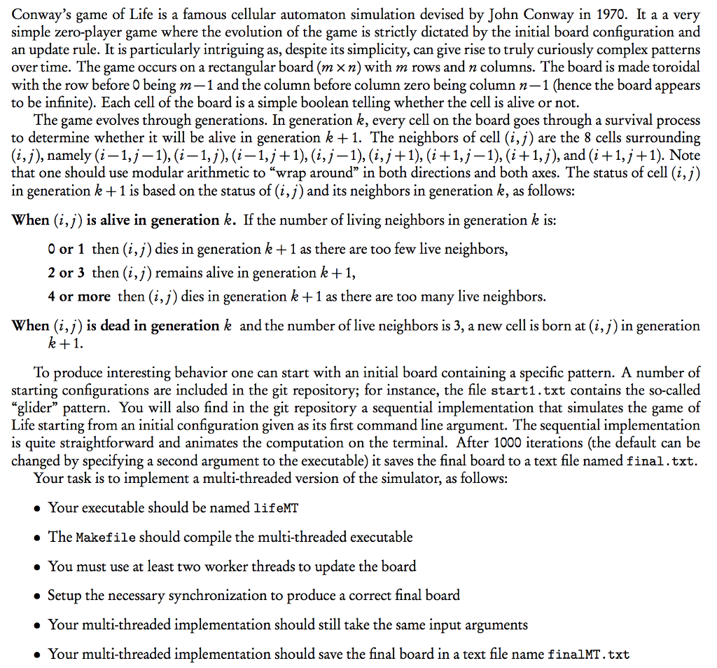 how to implement this in C using threads Conway's game of Life