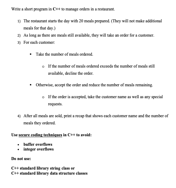 Please show output. Write a short program in C++ to manage orders