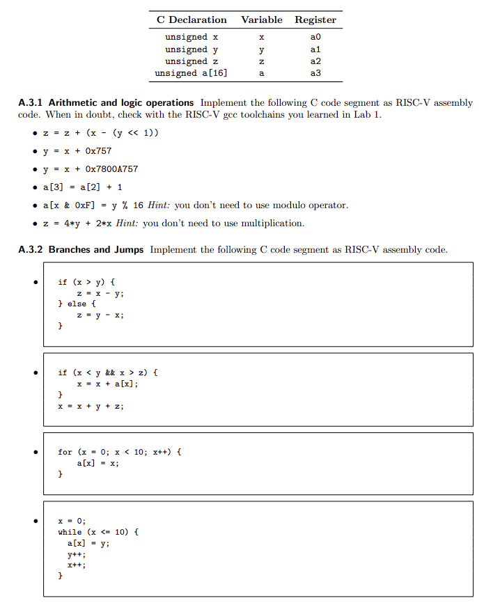  A.3.1 Arithmetic and logic operations Implement the following C code segment