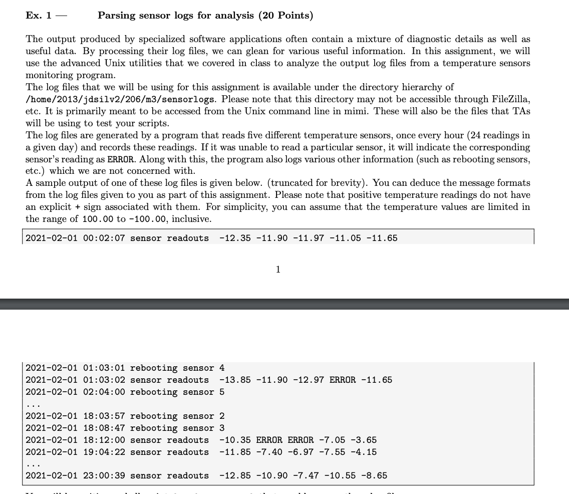 Ex. 1 Parsing sensor logs for analysis (20 Points) The output
