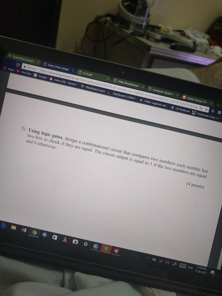  Using logic gates, design a combinational circuit that compares two numbers