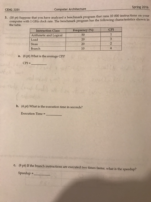  Help!! Spring 2016 CENG 3351 Computer Architecture 3. (18 pt Suppose