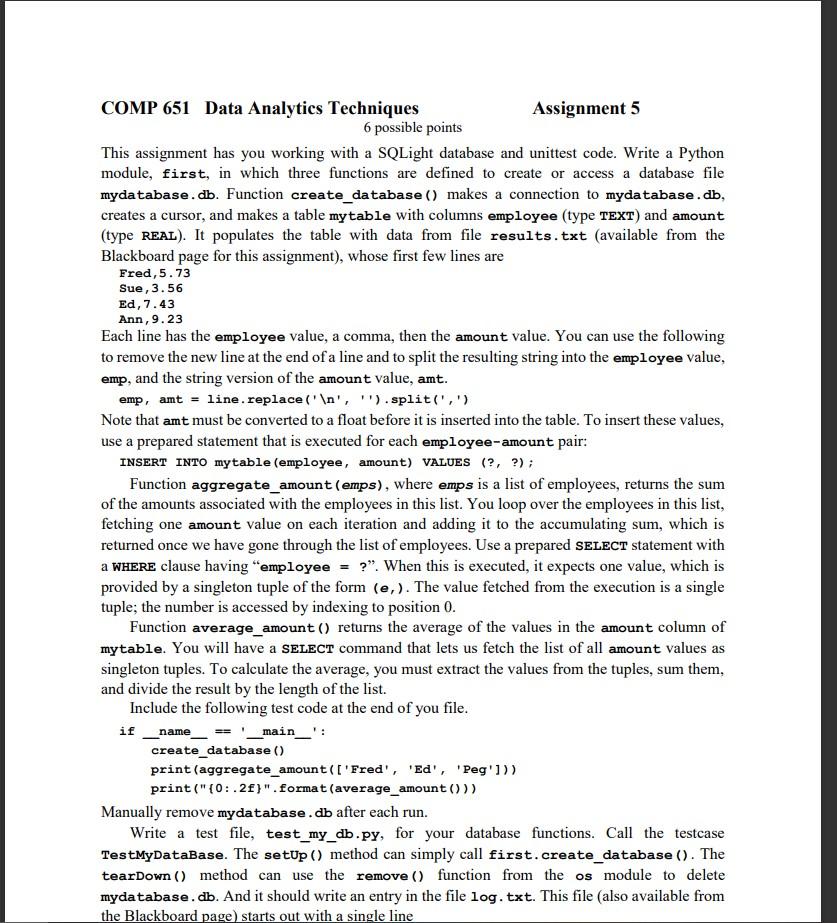  COMP 651 Data Analytics Techniques Assignment 5 6 possible points This