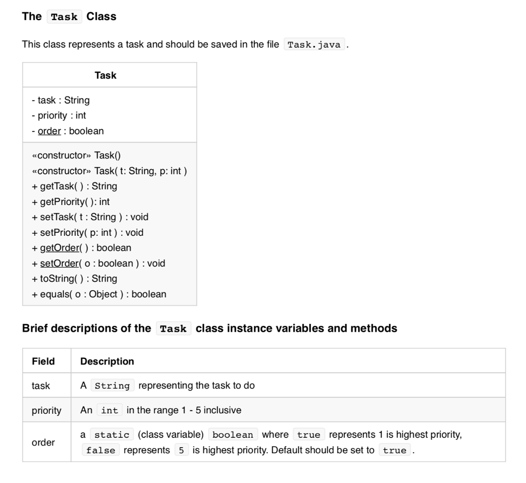 (or to-do list). It involves writing 3 different classes, including the driver.