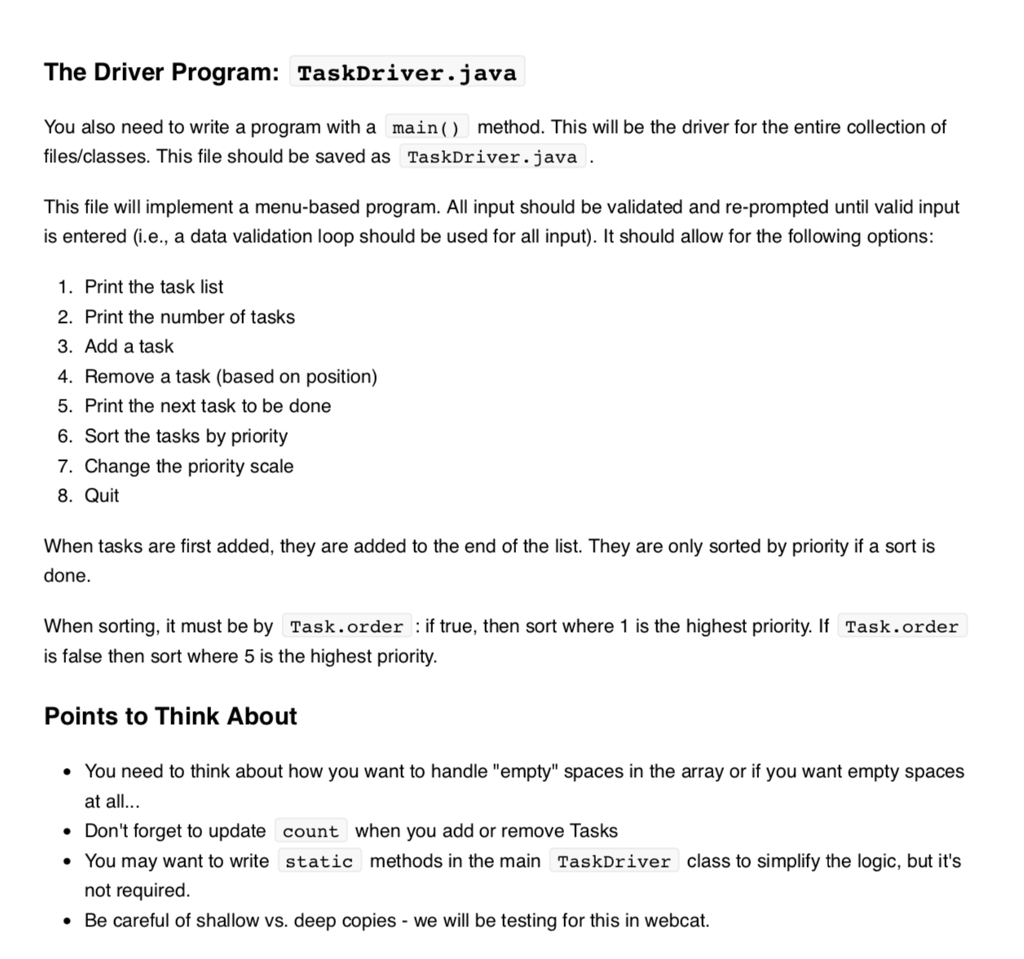 last assignment). Goals . Write a multi-class program with a driver. Class