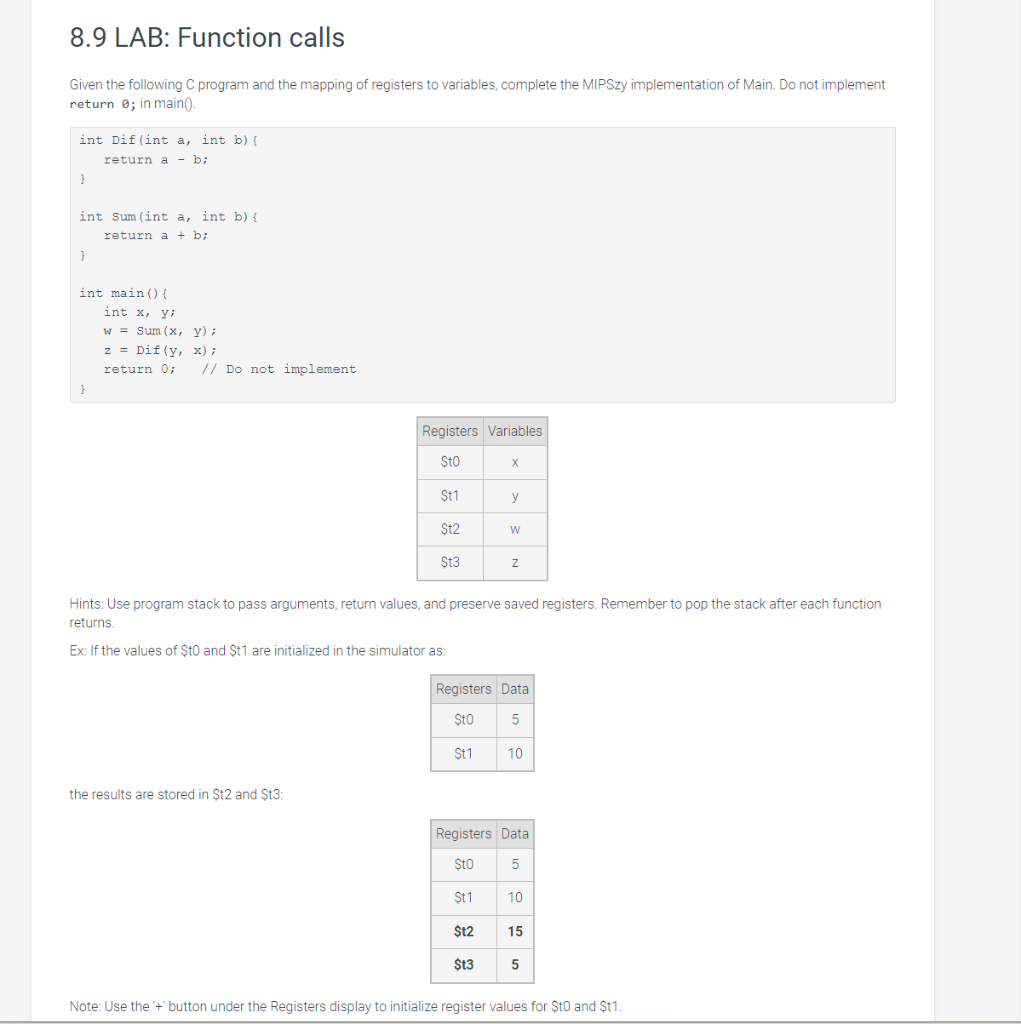 8.9 LAB: Function calls Given the following C program and the
