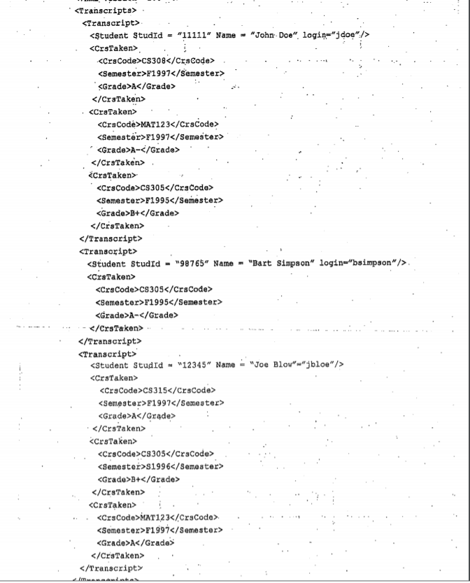 Given te Transcript database (XML document). Assume that each CrsTaken element has
