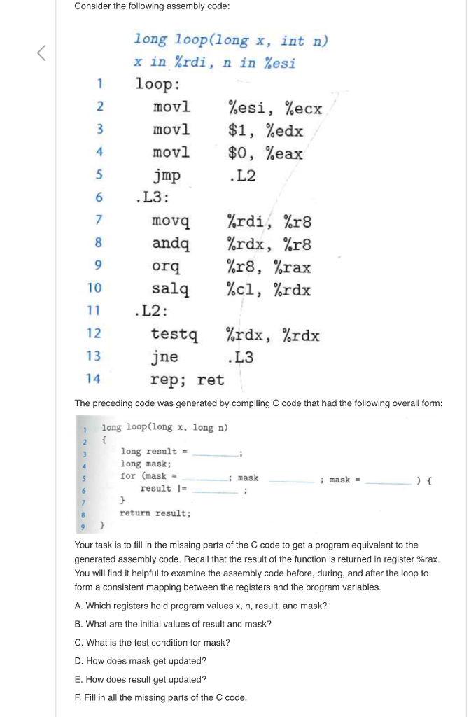  Consider the following assembly code long loop(long x, int n) x