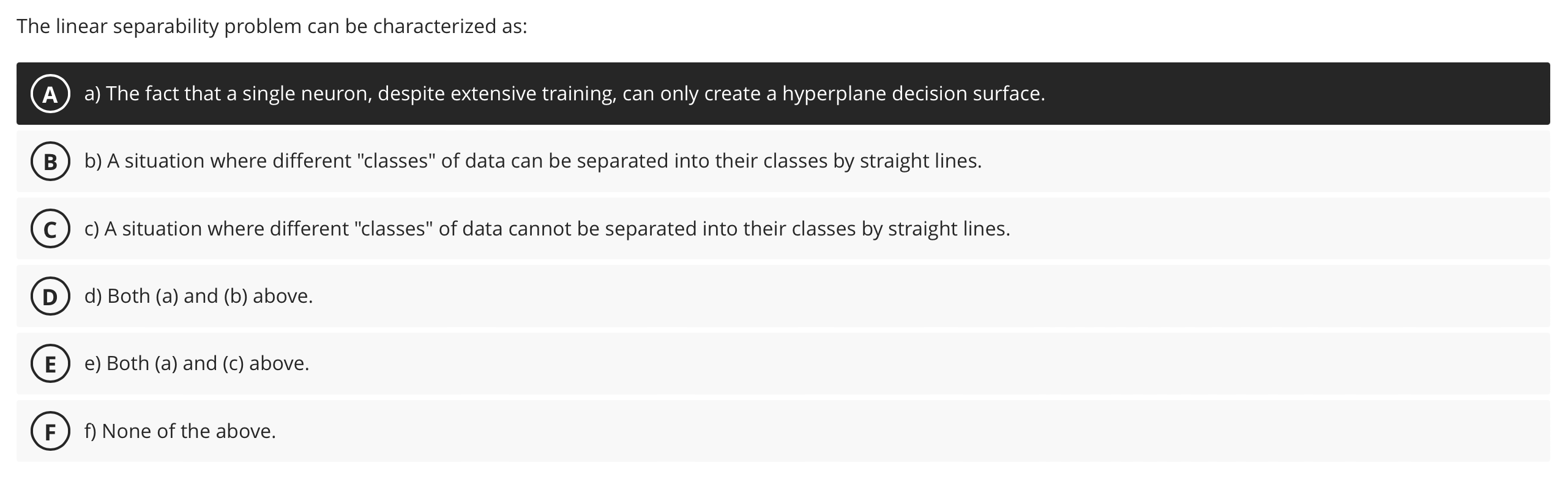  The linear separability problem can be characterized as: A a) The