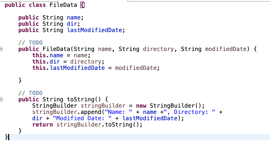 Please help implement FileSystem.java using the BST structure. The FIleData class is