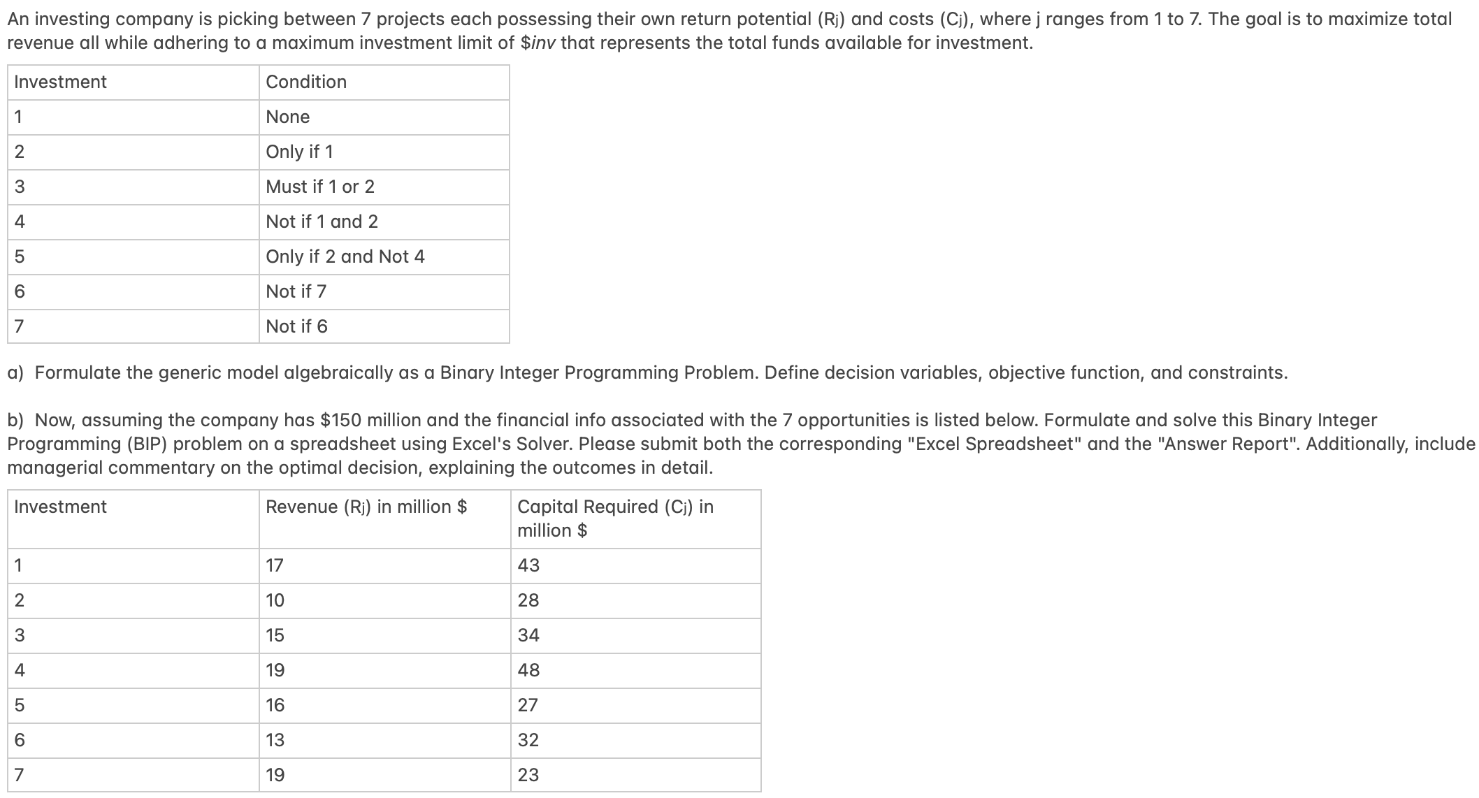  Binary integer programming problem (both algebraic and Excel) 