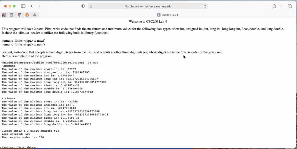 for C++ code .. > Not Secure-numbers.eastern.edu U + E CSC200 Lab