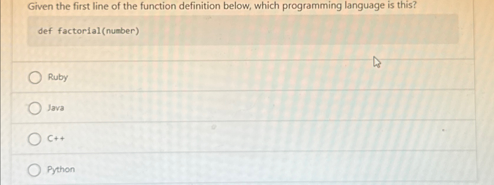  Given the first line of the function definition below, which programming