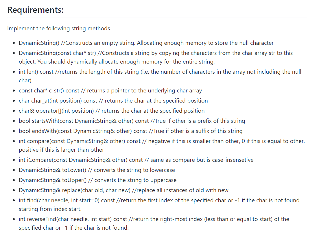 In C++, using the requirments: #include "DynamicString.h" #include #include #include #include using