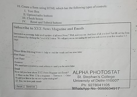  10. Create a form using HTML w e a form using