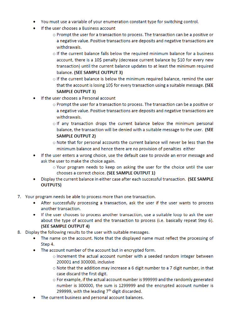 program to keep track of banking transactions. Your objective is to get