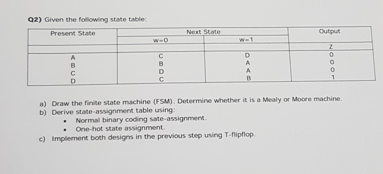  Q2) Given the following state table: Present State Next State Output