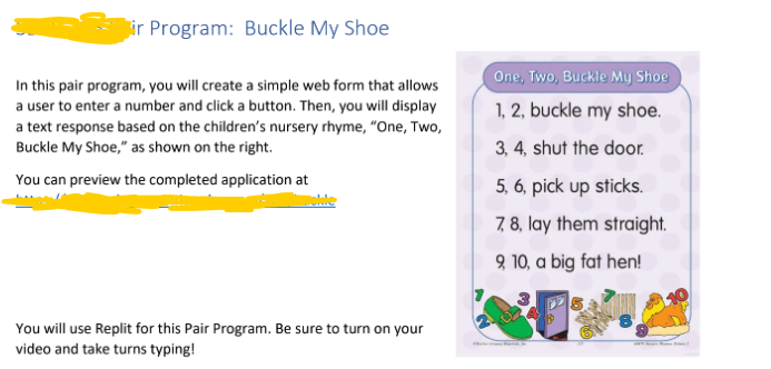  ir Program: Buckle My Shoe In this pair program, you will