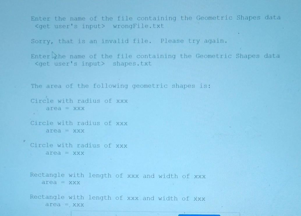 100 pts Question 3 In the processAreas() method, use a loop to