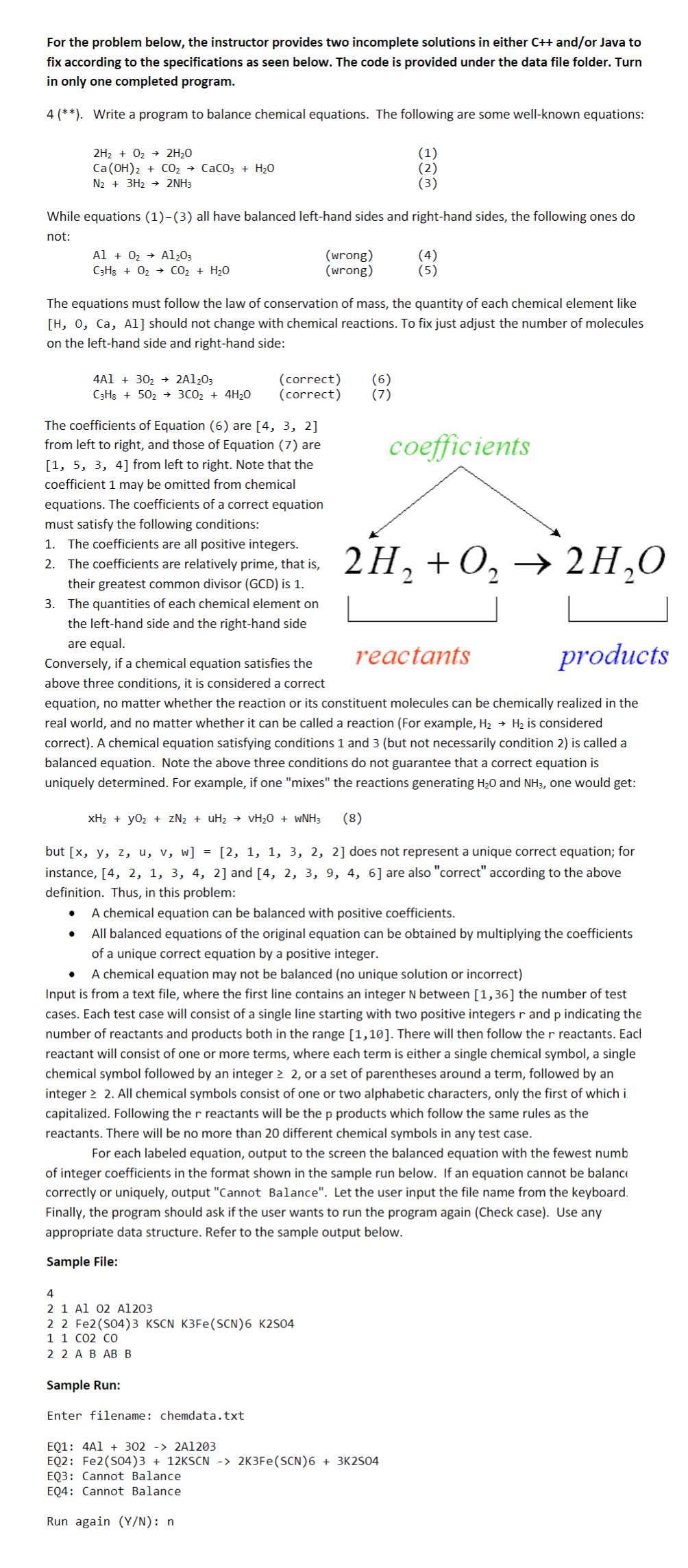  C++program to balance chemical equations from an input file producing bad