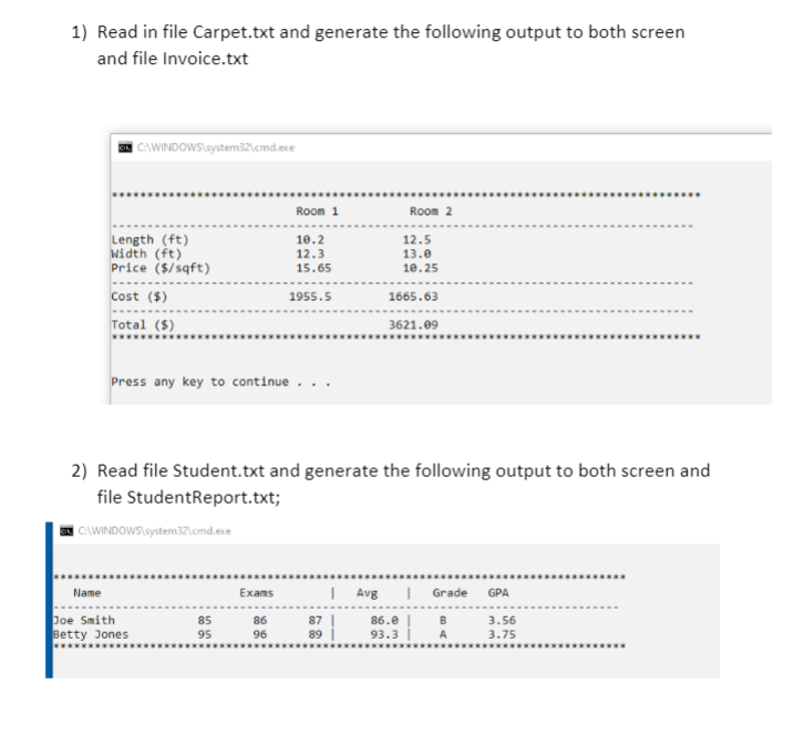 Java program 1) Read in file Carpet.txt and generate the following