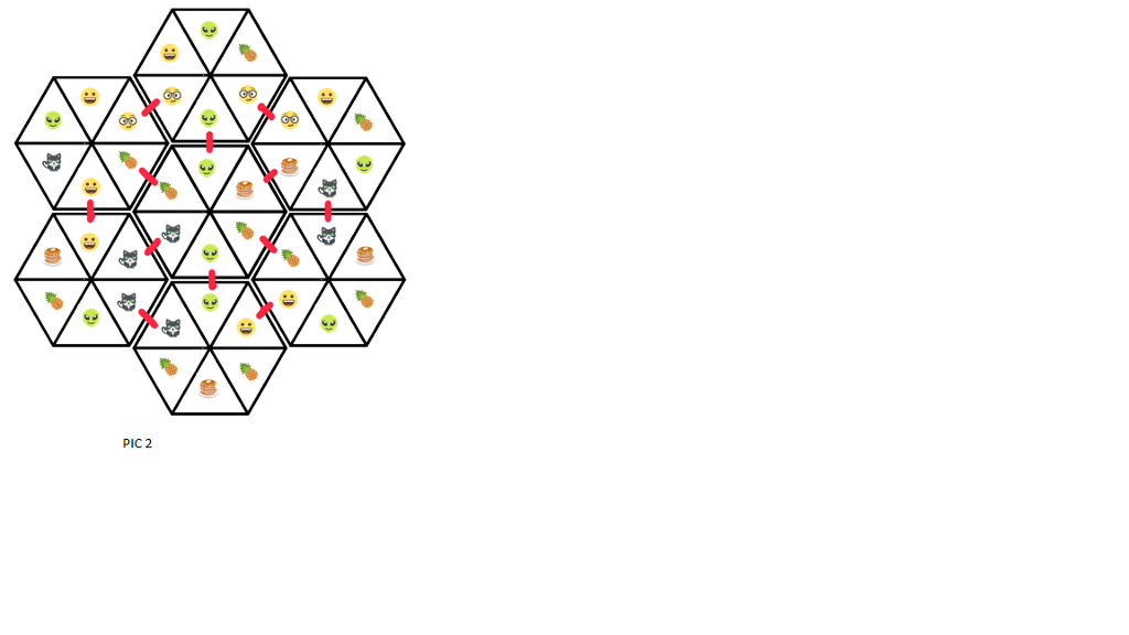 seven hexagon tiles. Each tile has six triangular segments labeled with an