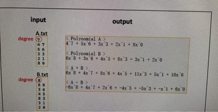of a dynamic array. A.txt A=4x7+5x6+3x3+2x1+8x0 B.txt B=6x8+3x6+4x5+8x3+3x2+2x0 Dynamic arrays 68 36