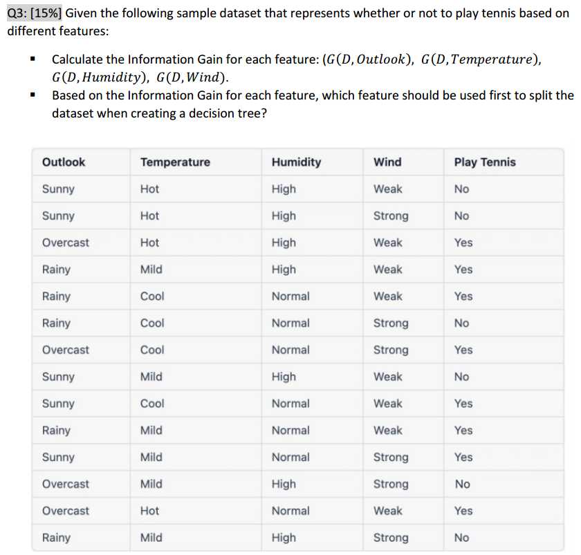  Q3: [15%] Given the following sample dataset that represents whether or
