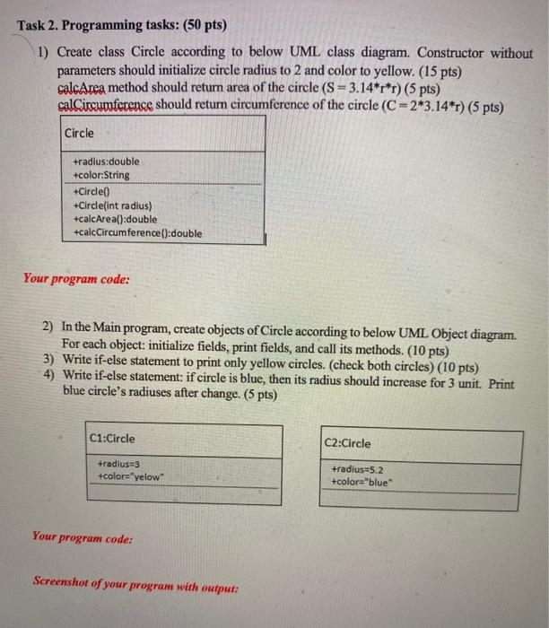  using onlinegdb.com Task 2. Programming tasks: (50 pts) 1) Create class