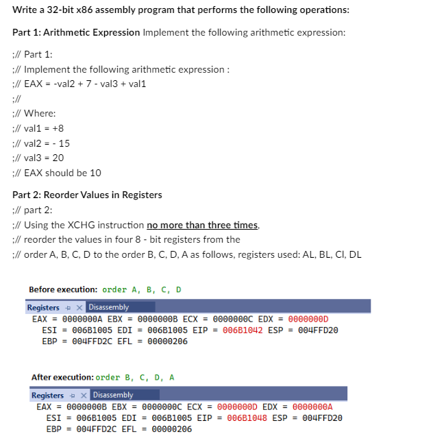  Write a 32-bit x86 assembly program that performs the following operations: