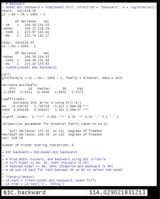  Interpret results from selected model. AIC IR RW > Backward model.BIC.