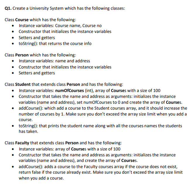 please write Java code Class Course which has the following: - Instance
