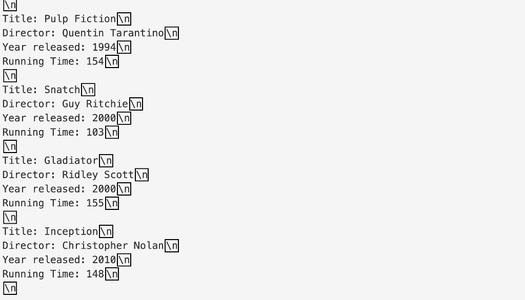 Title Director Year Released Running Time (in minutes) The program should create