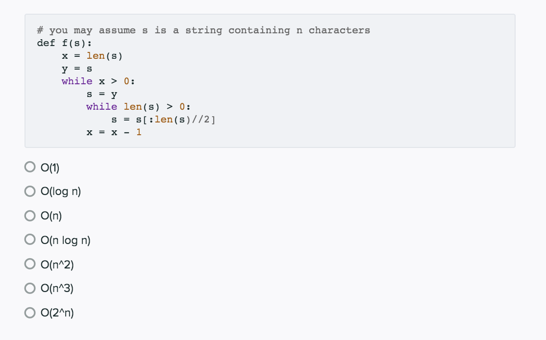 n - 1 O(1) Ollog n) O(n) O(n log n) Q(n^2) O(n^3)
